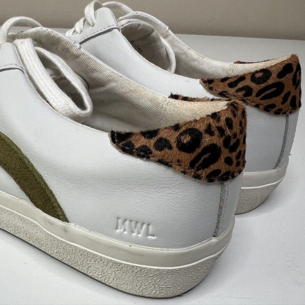 Madewell Sidewalk Sneakers White Leather Low Top Leopard Calf Hair EUC 8.5 - Picture 2 of 9